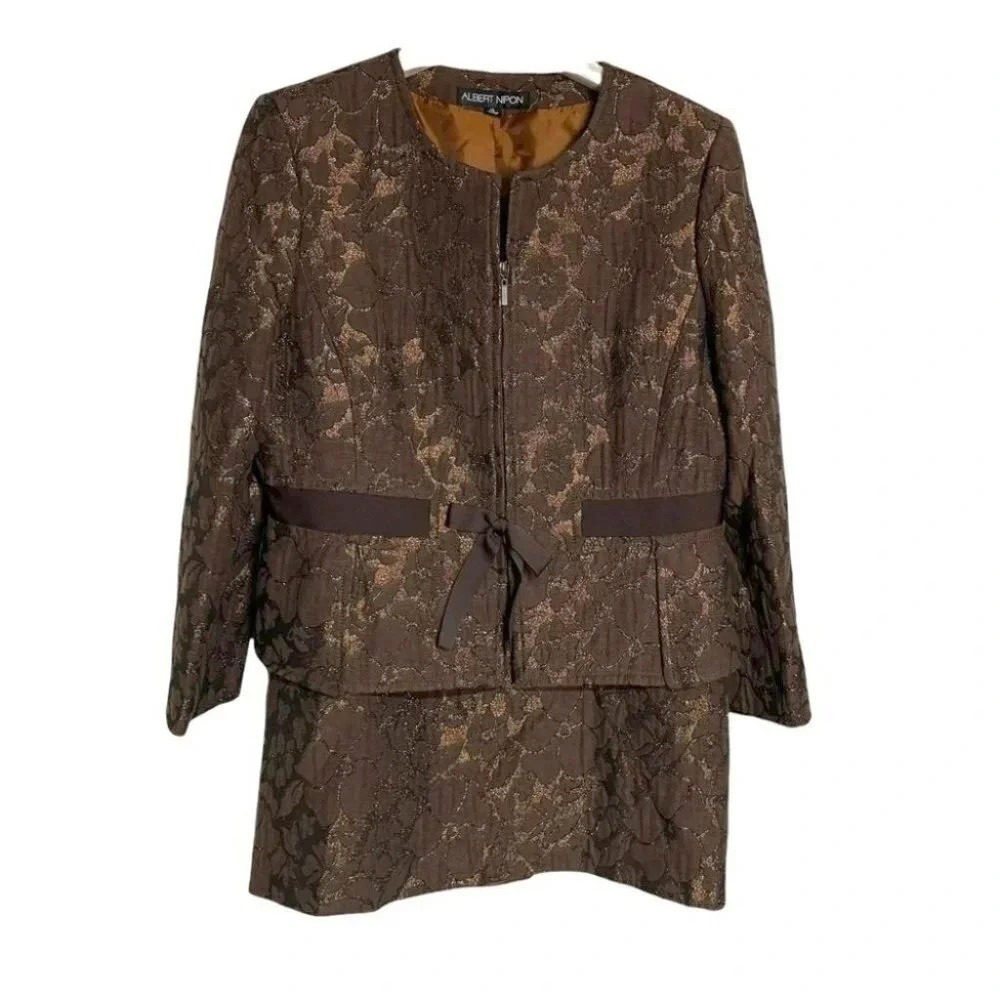 Albert Nipon Brown Gold Floral Jacquard Skirt Suit Set Zip Jacket Size 18
